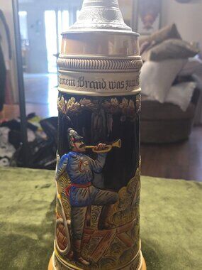 Vintage KING West Germany 2L Firefighter Beer Stein, Cobalt Blue, Pewter Lid